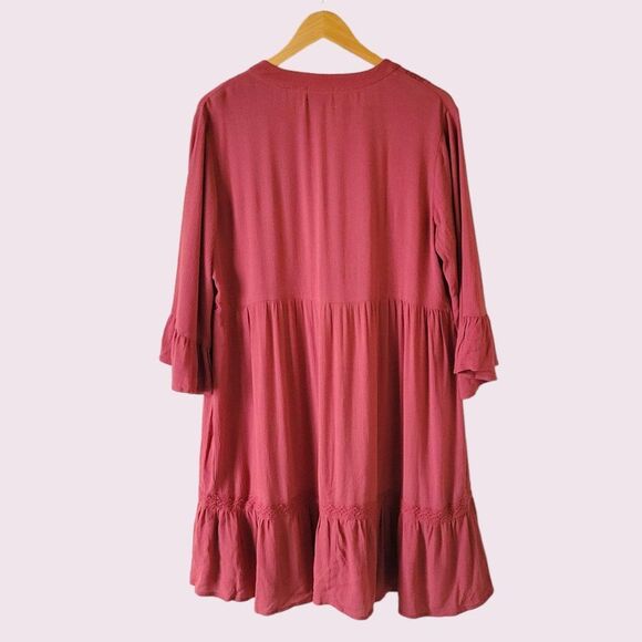 ARTESIA Rust Orange Mini Dress Size L Crepe Rayon Boho Layered Ruffle Sleeve - Picture 4 of 8